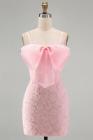 Load image into Gallery viewer, Sparkly Pink Spaghetti Straps Tight Floral Short Homecoming Dress with Pearls