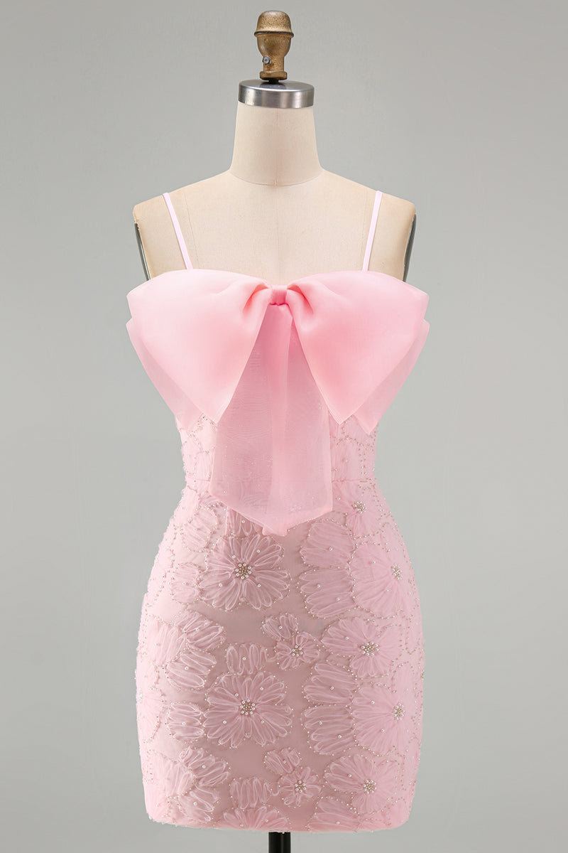Load image into Gallery viewer, Sparkly Pink Spaghetti Straps Tight Floral Short Homecoming Dress with Pearls