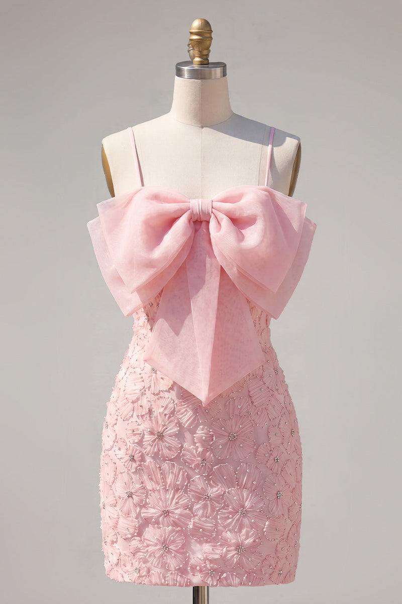 Load image into Gallery viewer, Sparkly Pink Spaghetti Straps Tight Floral Short Homecoming Dress with Pearls