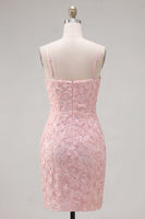 Load image into Gallery viewer, Sparkly Pink Spaghetti Straps Tight Floral Short Homecoming Dress with Pearls