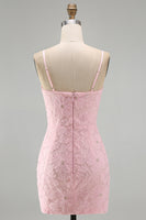 Load image into Gallery viewer, Sparkly Pink Spaghetti Straps Tight Floral Short Homecoming Dress with Pearls