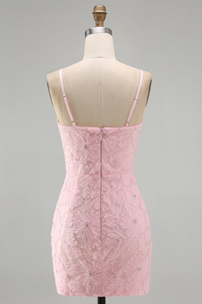 Load image into Gallery viewer, Sparkly Pink Spaghetti Straps Tight Floral Short Homecoming Dress with Pearls