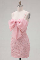 Load image into Gallery viewer, Sparkly Pink Spaghetti Straps Tight Floral Short Homecoming Dress with Pearls