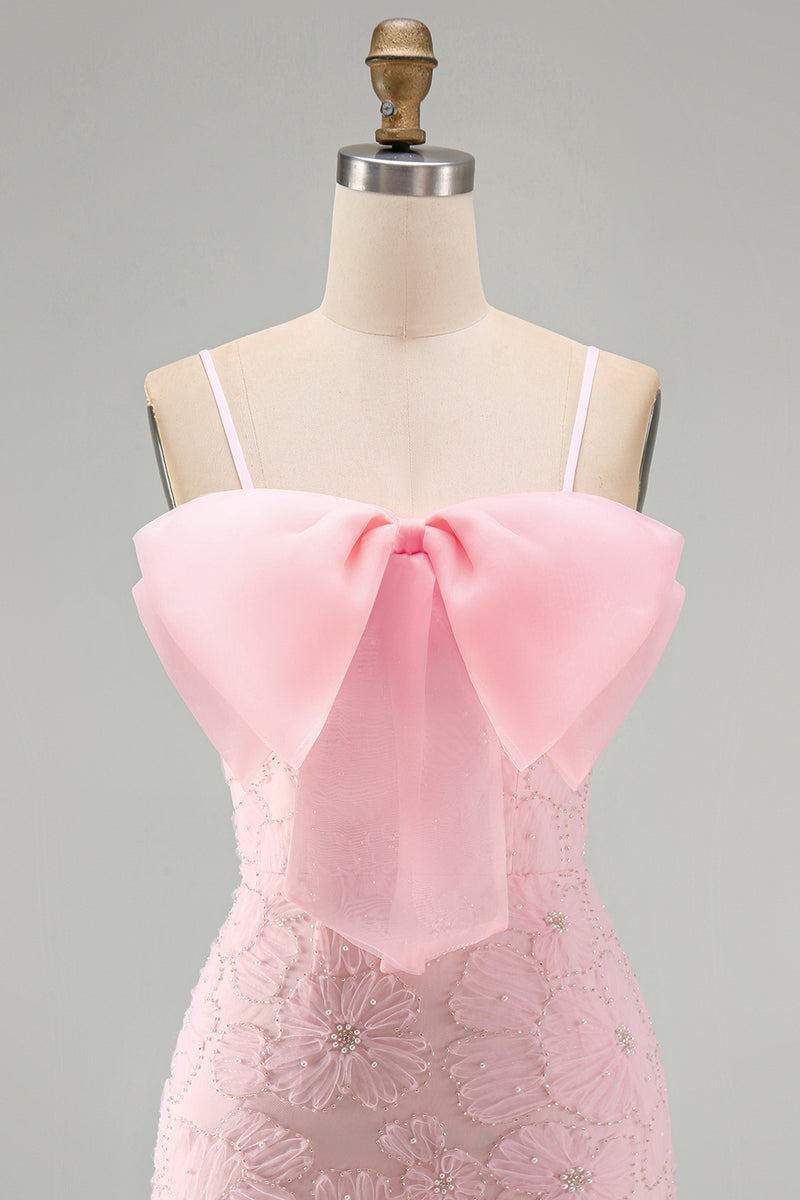 Load image into Gallery viewer, Sparkly Pink Spaghetti Straps Tight Floral Short Homecoming Dress with Pearls