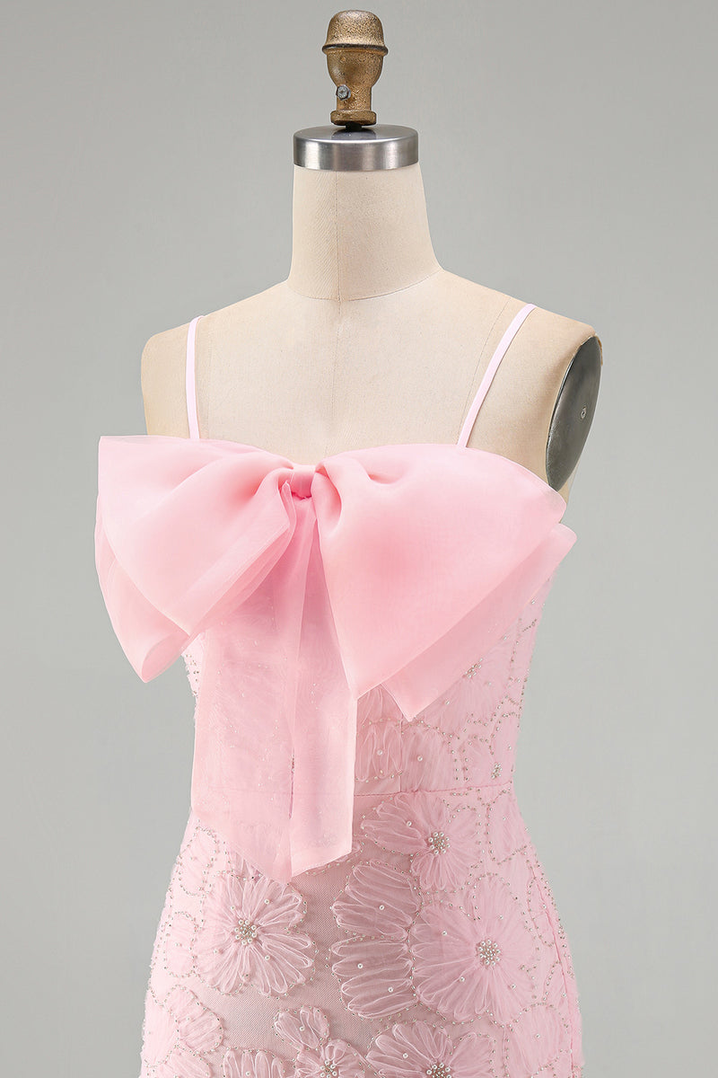 Load image into Gallery viewer, Sparkly Pink Spaghetti Straps Tight Floral Short Homecoming Dress with Pearls