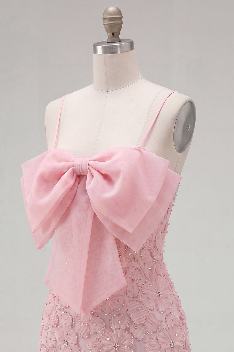 Load image into Gallery viewer, Sparkly Pink Spaghetti Straps Tight Floral Short Homecoming Dress with Pearls