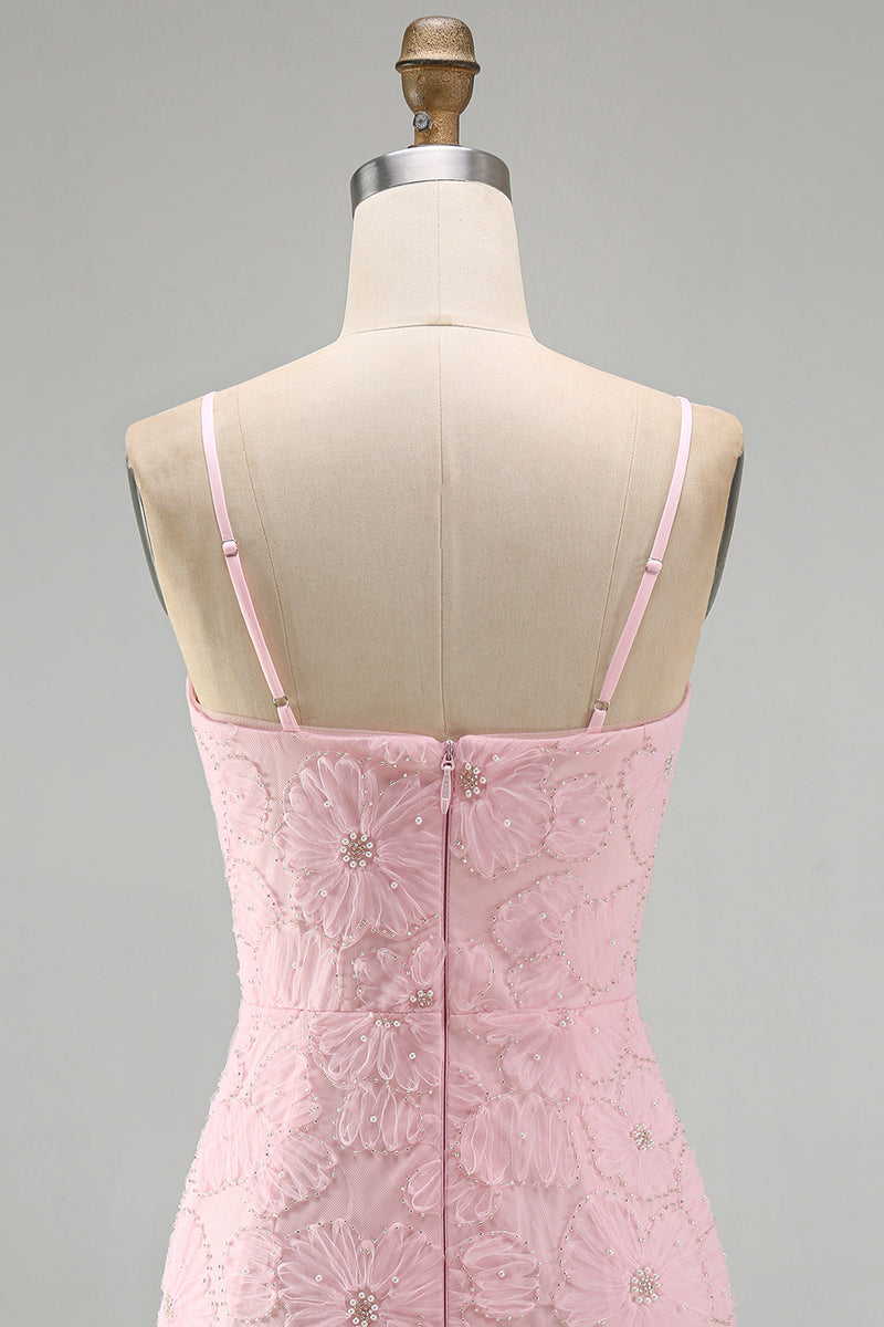 Load image into Gallery viewer, Sparkly Pink Spaghetti Straps Tight Floral Short Homecoming Dress with Pearls