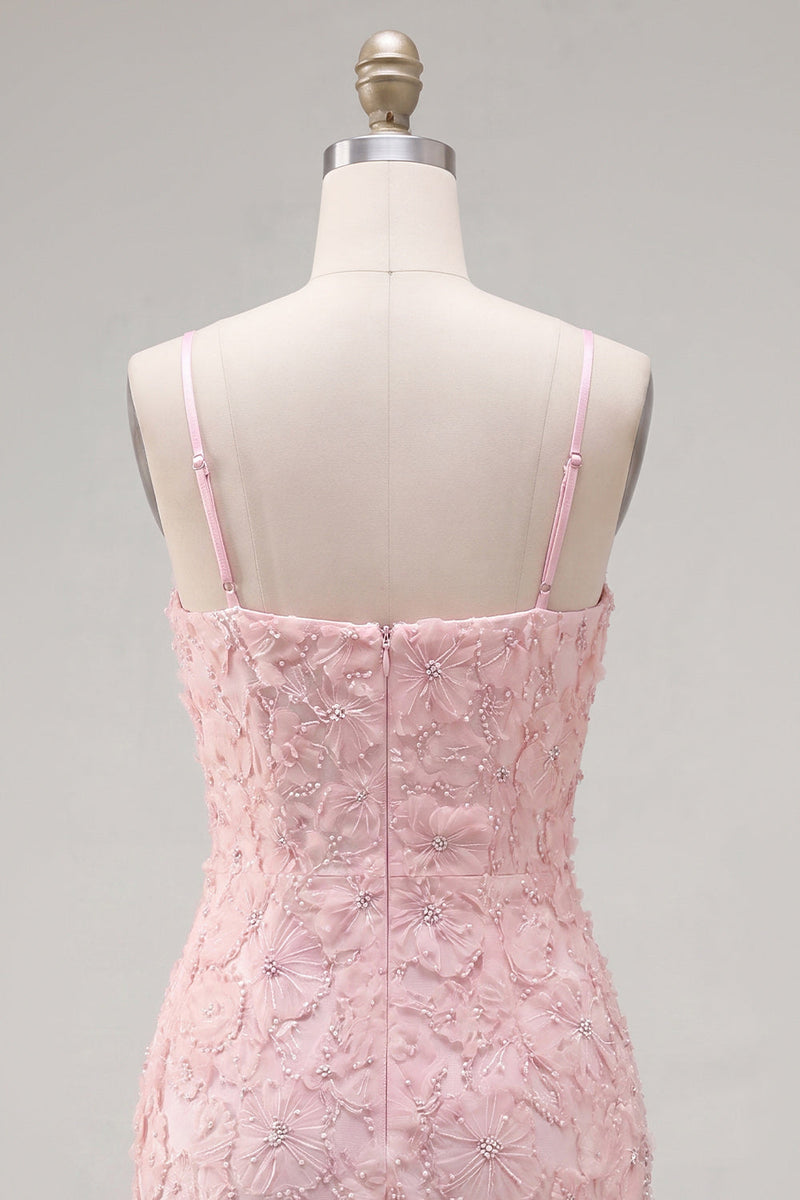 Load image into Gallery viewer, Sparkly Pink Spaghetti Straps Tight Floral Short Homecoming Dress with Pearls
