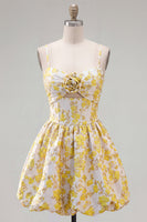 Load image into Gallery viewer, Butter Yellow A Line Keyhole Floral Short Homecoming Dress with 3D Flower