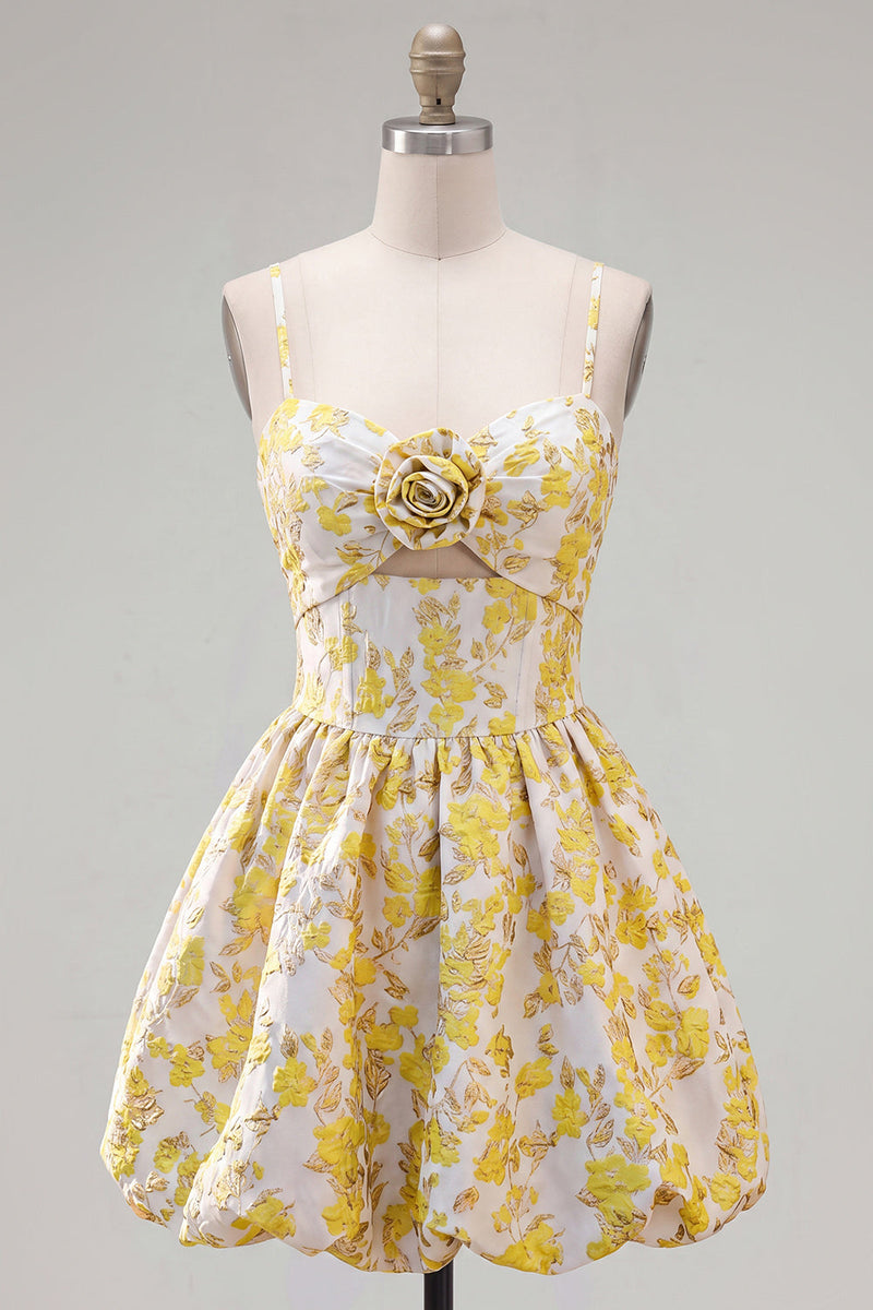 Load image into Gallery viewer, Butter Yellow A Line Keyhole Floral Short Homecoming Dress with 3D Flower