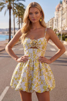 Load image into Gallery viewer, Butter Yellow A Line Keyhole Floral Short Homecoming Dress with 3D Flower