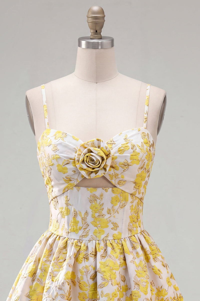 Load image into Gallery viewer, Butter Yellow A Line Keyhole Floral Short Homecoming Dress with 3D Flower
