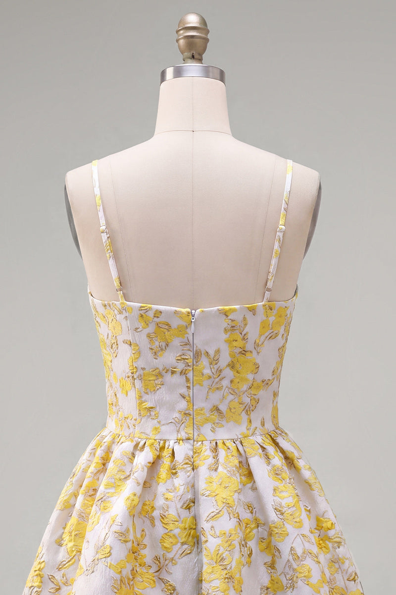 Load image into Gallery viewer, Butter Yellow A Line Keyhole Floral Short Homecoming Dress with 3D Flower