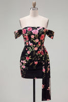 Load image into Gallery viewer, Black Floral Off the Shoulder Tight Short Homecoming Dress with Sash
