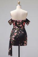 Load image into Gallery viewer, Black Floral Off the Shoulder Tight Short Homecoming Dress with Sash