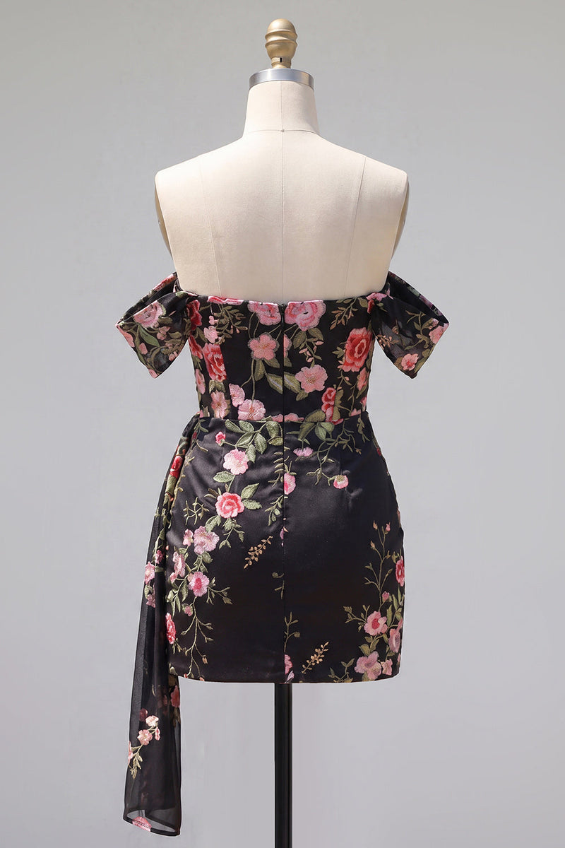 Load image into Gallery viewer, Black Floral Off the Shoulder Tight Short Homecoming Dress with Sash
