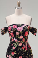 Load image into Gallery viewer, Black Floral Off the Shoulder Tight Short Homecoming Dress with Sash