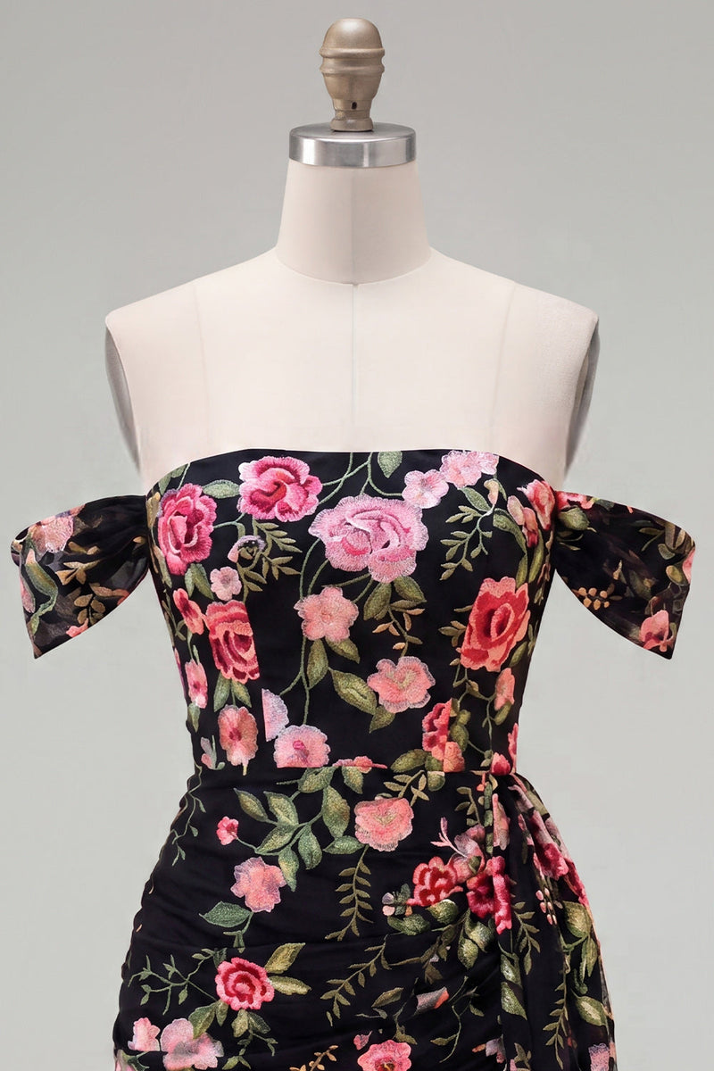 Load image into Gallery viewer, Black Floral Off the Shoulder Tight Short Homecoming Dress with Sash