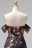 Load image into Gallery viewer, Black Floral Off the Shoulder Tight Short Homecoming Dress with Sash