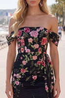 Load image into Gallery viewer, Black Floral Off the Shoulder Tight Short Homecoming Dress with Sash