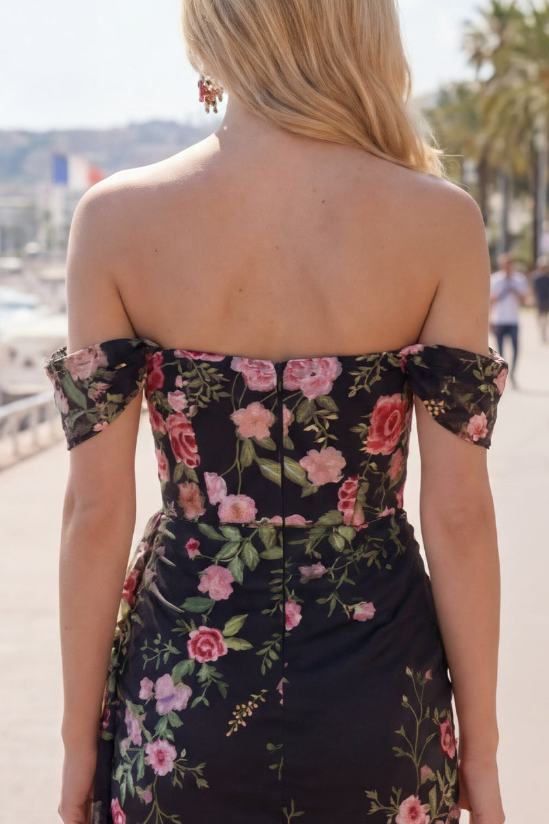 Load image into Gallery viewer, Black Floral Off the Shoulder Tight Short Homecoming Dress with Sash