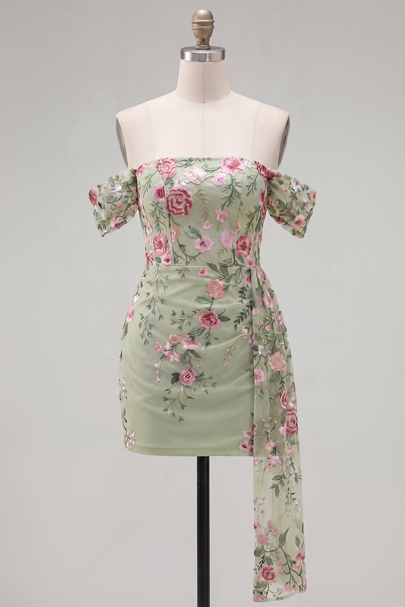 Load image into Gallery viewer, Black Floral Off the Shoulder Tight Short Homecoming Dress with Sash
