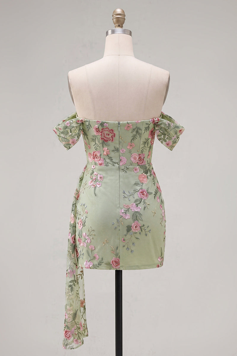 Load image into Gallery viewer, Black Floral Off the Shoulder Tight Short Homecoming Dress with Sash