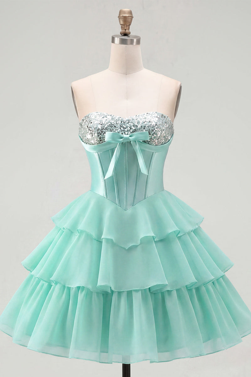 Load image into Gallery viewer, Mint A Line Strapless Short Corset Beaded Homecoming Dress with Ruffles