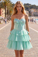 Load image into Gallery viewer, Mint A Line Strapless Short Corset Beaded Homecoming Dress with Ruffles