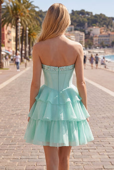 Mint A Line Strapless Short Corset Beaded Homecoming Dress with Ruffles