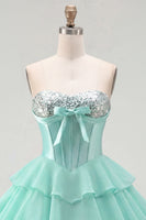 Load image into Gallery viewer, Mint A Line Strapless Short Corset Beaded Homecoming Dress with Ruffles
