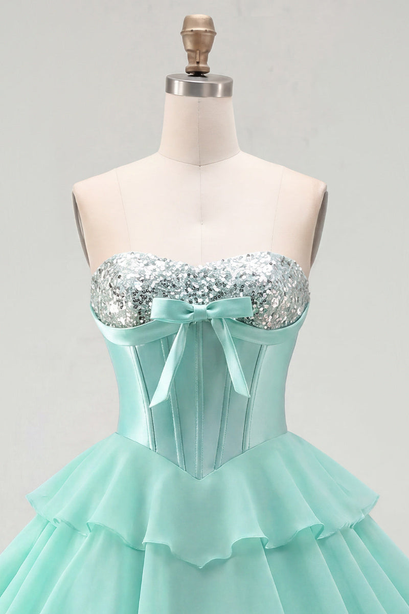 Load image into Gallery viewer, Mint A Line Strapless Short Corset Beaded Homecoming Dress with Ruffles