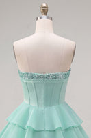 Load image into Gallery viewer, Mint A Line Strapless Short Corset Beaded Homecoming Dress with Ruffles