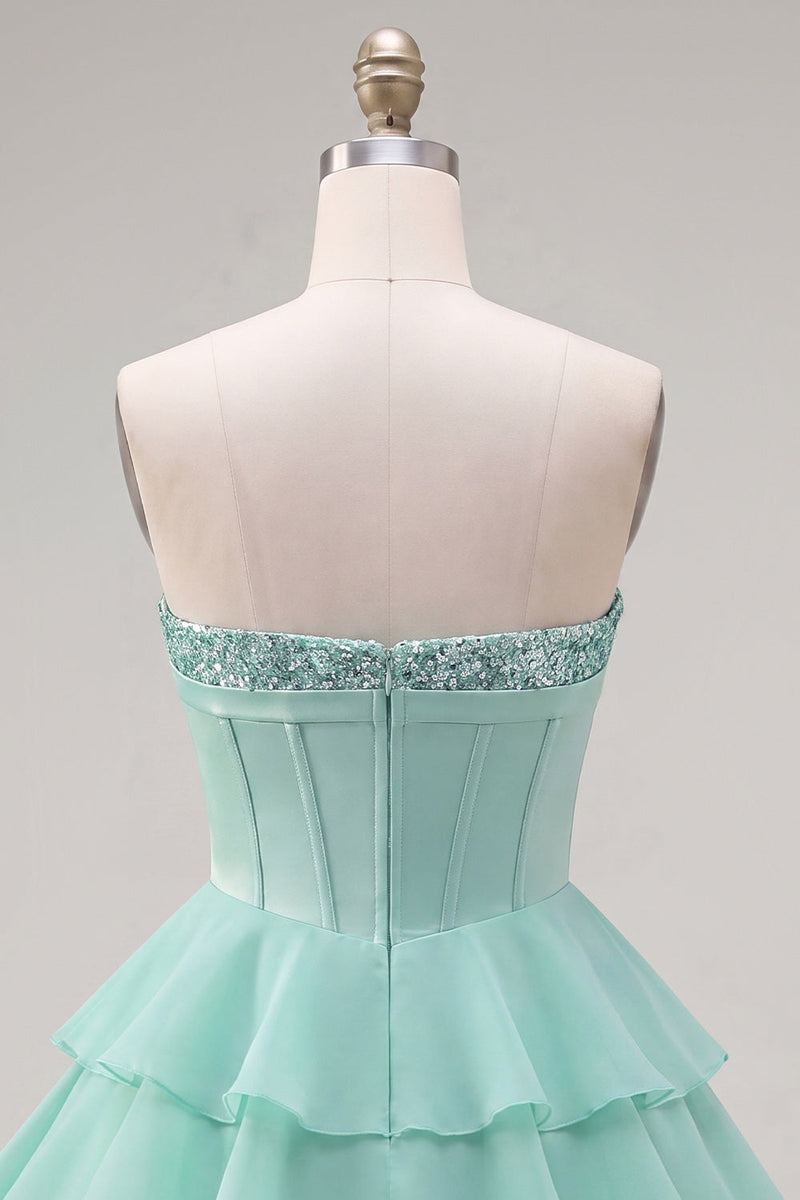 Load image into Gallery viewer, Mint A Line Strapless Short Corset Beaded Homecoming Dress with Ruffles
