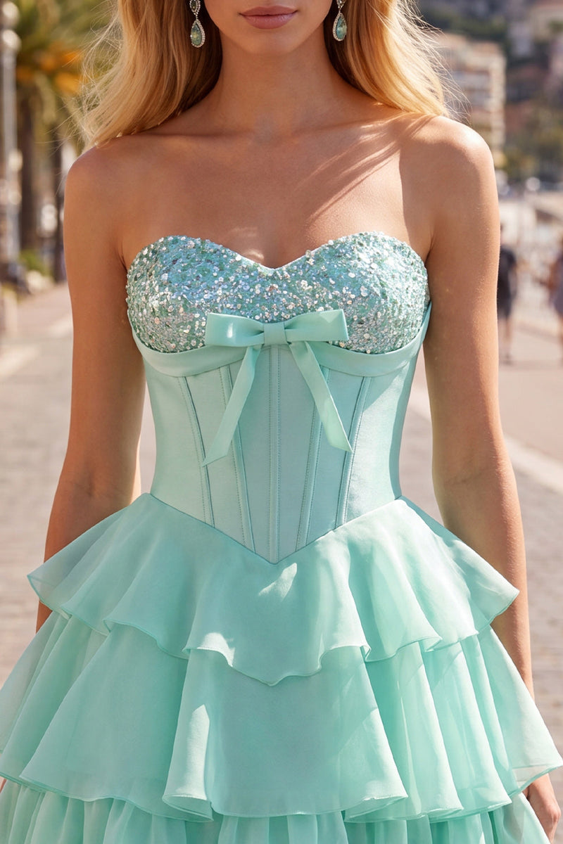 Load image into Gallery viewer, Mint A Line Strapless Short Corset Beaded Homecoming Dress with Ruffles