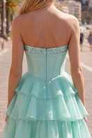 Load image into Gallery viewer, Mint A Line Strapless Short Corset Beaded Homecoming Dress with Ruffles