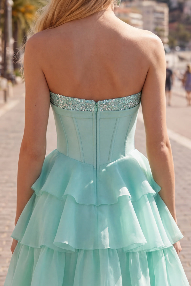 Load image into Gallery viewer, Mint A Line Strapless Short Corset Beaded Homecoming Dress with Ruffles