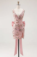 Load image into Gallery viewer, Sparkly Pink Floral V-Neck Beaded Tight Short Homecoming Dress with Bow