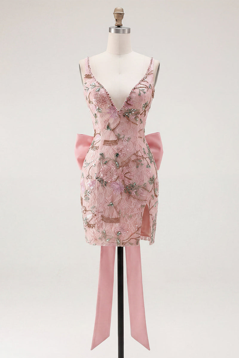 Load image into Gallery viewer, Sparkly Pink Floral V-Neck Beaded Tight Short Homecoming Dress with Bow