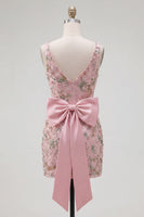 Load image into Gallery viewer, Sparkly Pink Floral V-Neck Beaded Tight Short Homecoming Dress with Bow