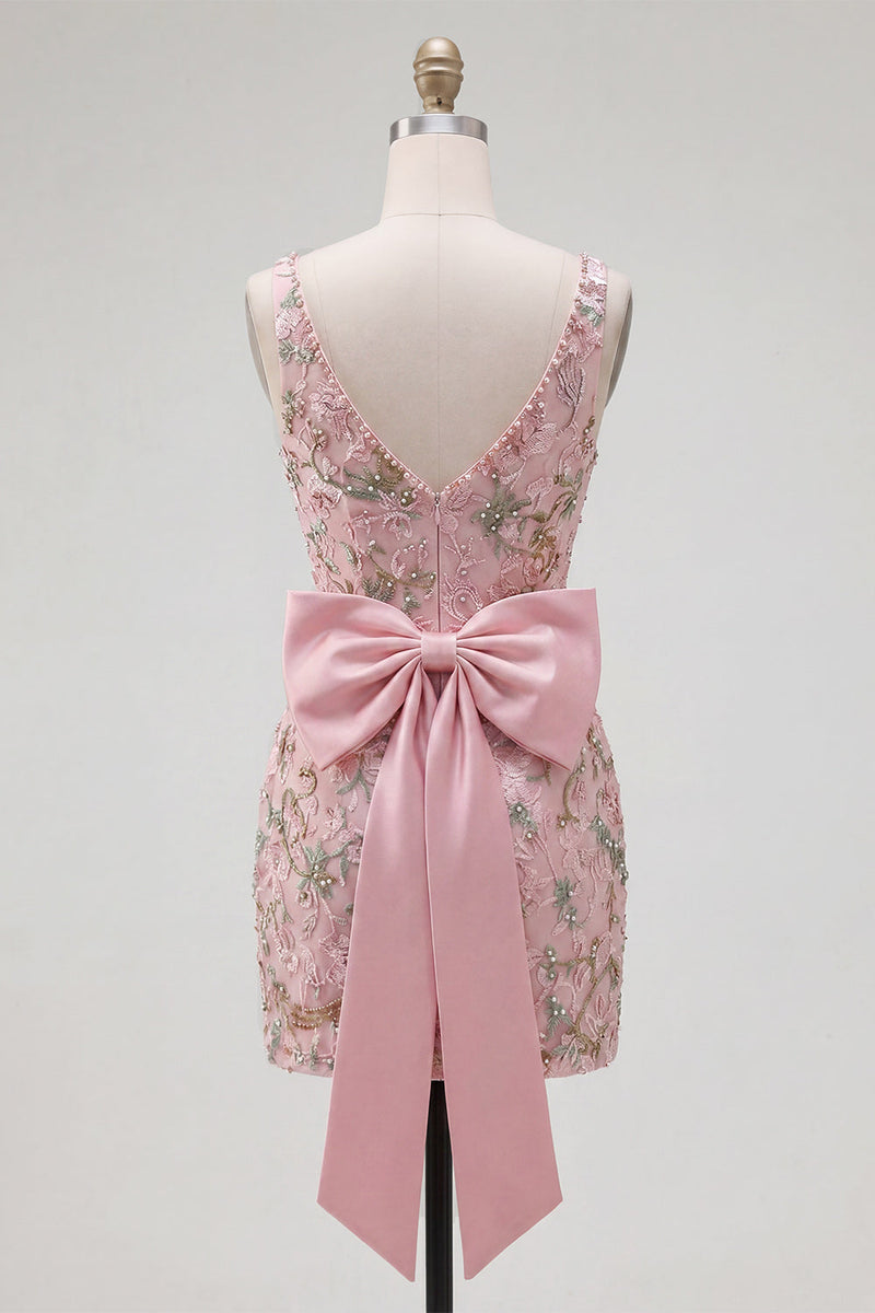 Load image into Gallery viewer, Sparkly Pink Floral V-Neck Beaded Tight Short Homecoming Dress with Bow