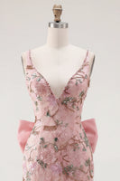 Load image into Gallery viewer, Sparkly Pink Floral V-Neck Beaded Tight Short Homecoming Dress with Bow
