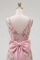 Load image into Gallery viewer, Sparkly Pink Floral V-Neck Beaded Tight Short Homecoming Dress with Bow