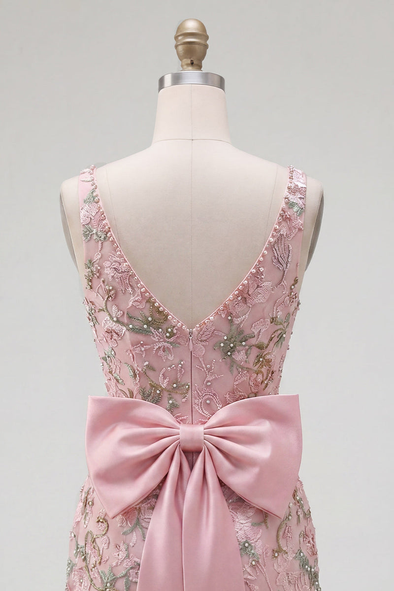 Load image into Gallery viewer, Sparkly Pink Floral V-Neck Beaded Tight Short Homecoming Dress with Bow
