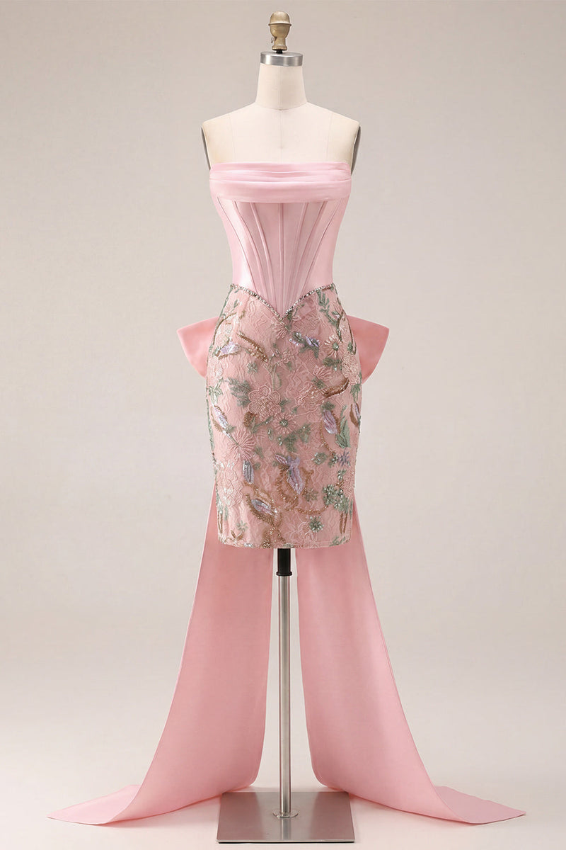 Load image into Gallery viewer, Sparkly Floral Pink Tight Short Corset Beaded Homecoming Dress with Bow