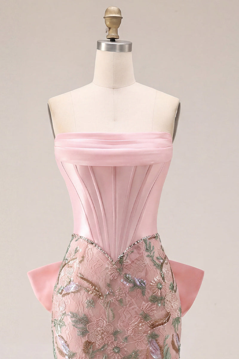 Load image into Gallery viewer, Sparkly Floral Pink Tight Short Corset Beaded Homecoming Dress with Bow