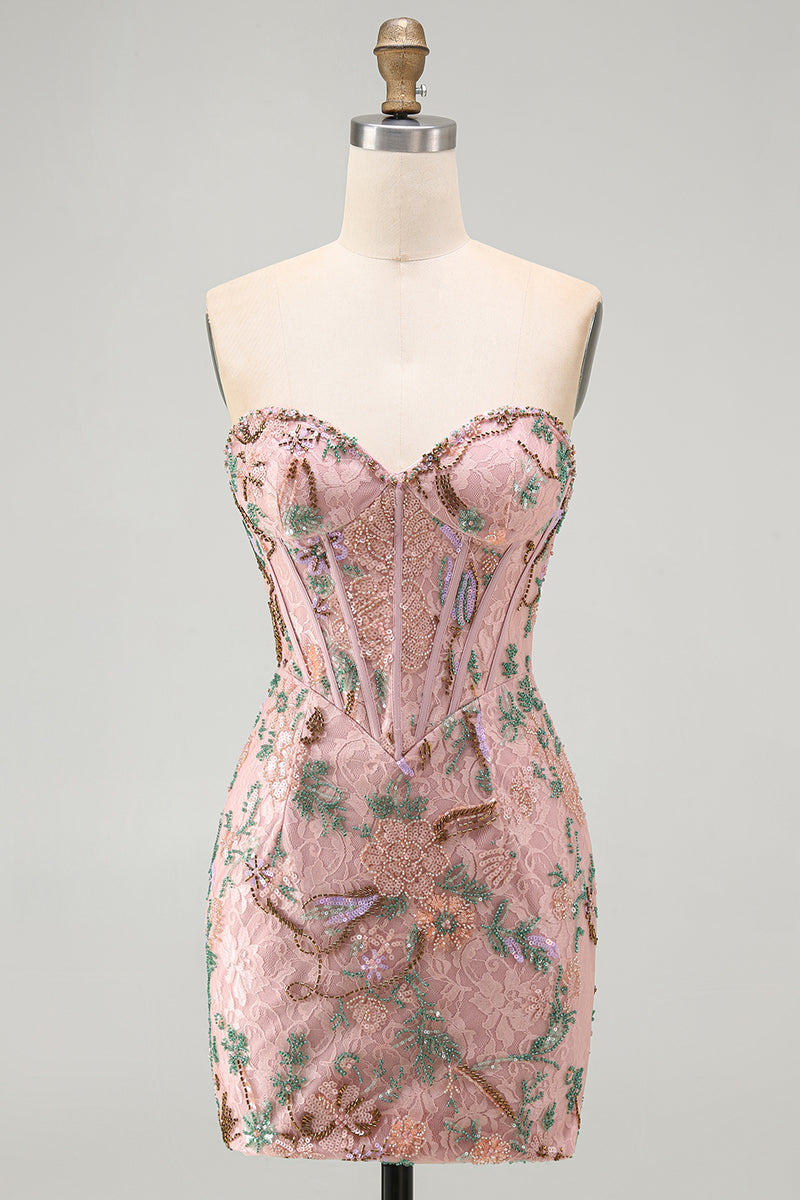 Load image into Gallery viewer, Sparkly Pink Floral Corset Tight Short Beaded Homecoming Dress