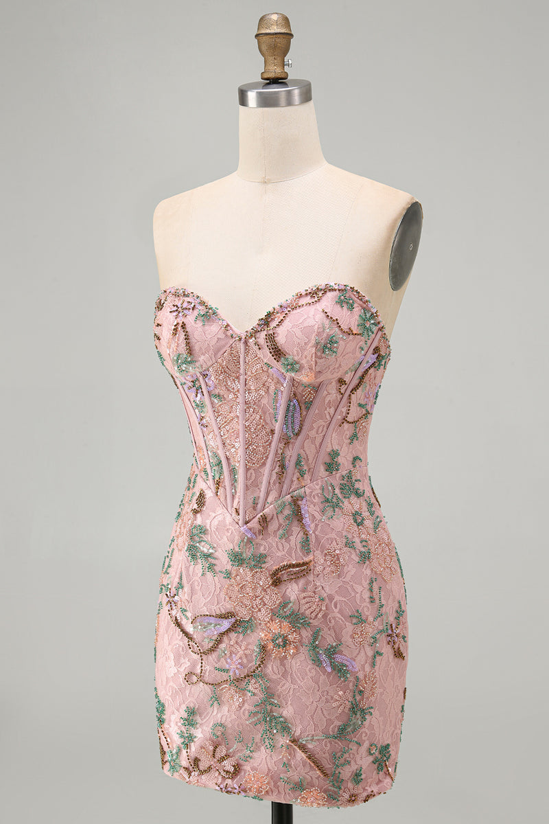 Load image into Gallery viewer, Sparkly Pink Floral Corset Tight Short Beaded Homecoming Dress