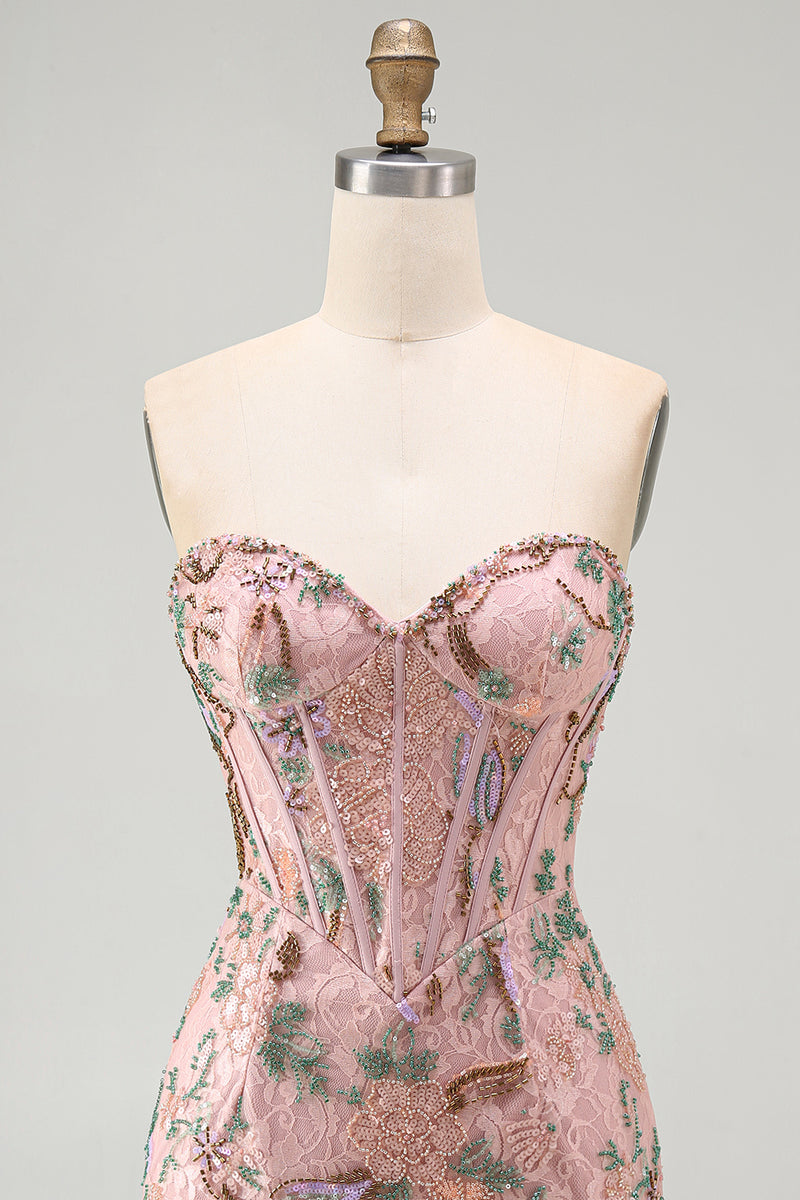 Load image into Gallery viewer, Sparkly Pink Floral Corset Tight Short Beaded Homecoming Dress