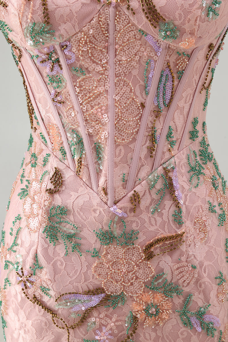 Load image into Gallery viewer, Sparkly Pink Floral Corset Tight Short Beaded Homecoming Dress